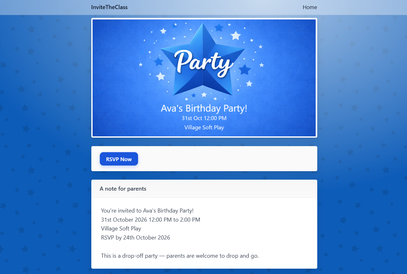 Invite page showing a design and party details