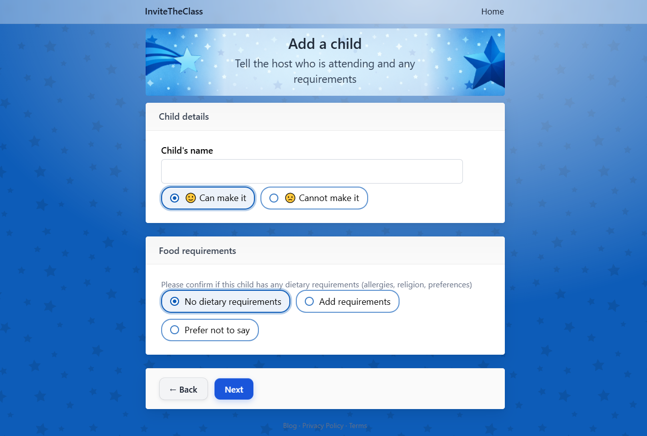 An RSVP form where parents can fill in their details and reply